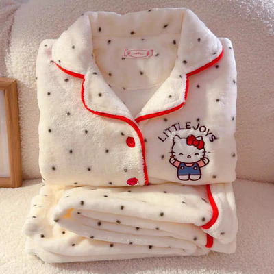 hellokitty睡衣女秋冬款珊瑚绒加绒保暖法兰绒开衫甜美家居服套装