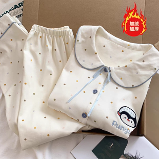 波点企鹅卡通德绒睡衣女款2025新款春秋冬季珊瑚绒加绒加厚家居服