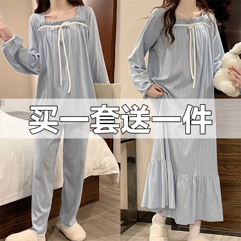 2025年新款睡衣女长袖春秋季网红纯棉简约公主风睡裙家居服三件套