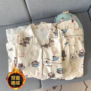 卡通趣味小狗德绒睡衣女秋冬长袖甜美卡通可爱家居服加厚保暖套装