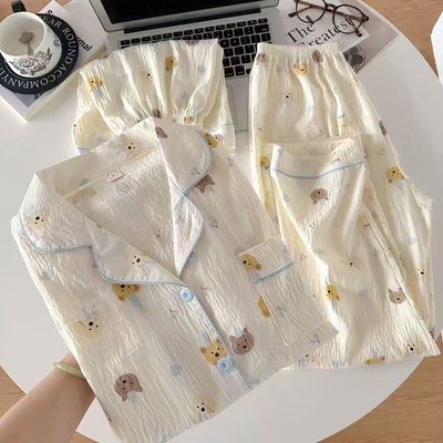 高级感日系大码睡衣女款春夏季短袖云朵纯棉纱可爱小狗三件套装