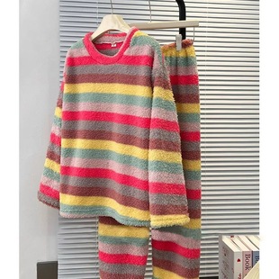 网红彩虹条纹半边绒睡衣女冬季加厚加绒2025新款保暖冬天居家套装