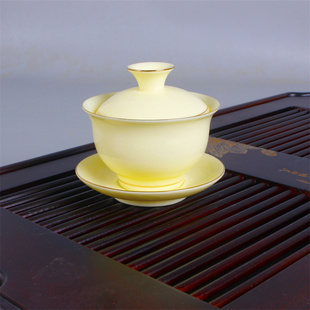 潮汕功夫茶具纯白黄色羊脂玉三才盖碗小号泡茶碗迷你款盖子陶瓷
