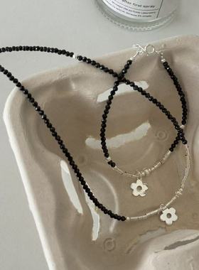 S925银韩版花朵吊坠黑尖晶项链