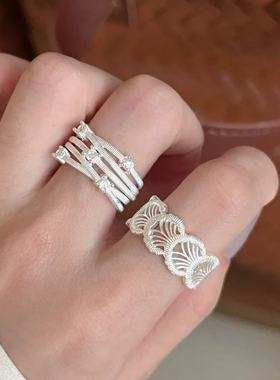 S925银冷淡风多层线条锆石戒指