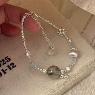 眼观S925银气质绿幽灵碎银手链冰透雾凇设计款海蓝宝个性文艺复古