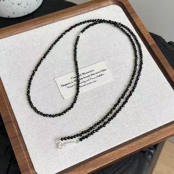 眼观S925银韩系风黑晶石串珠长款项链简约日常款毛衣链简约百搭款