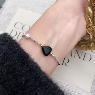 眼观S925银黑玛瑙爱心吊坠碎银手链气质百搭款淡水珍珠日常通勤款