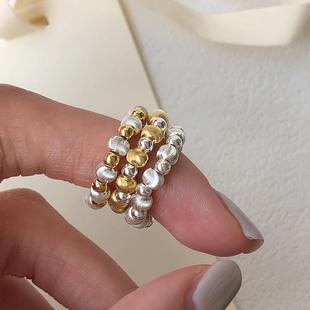 眼观925银拉丝猫眼银珠撞色戒指轻奢高级版串珠指环女isn小众饰品