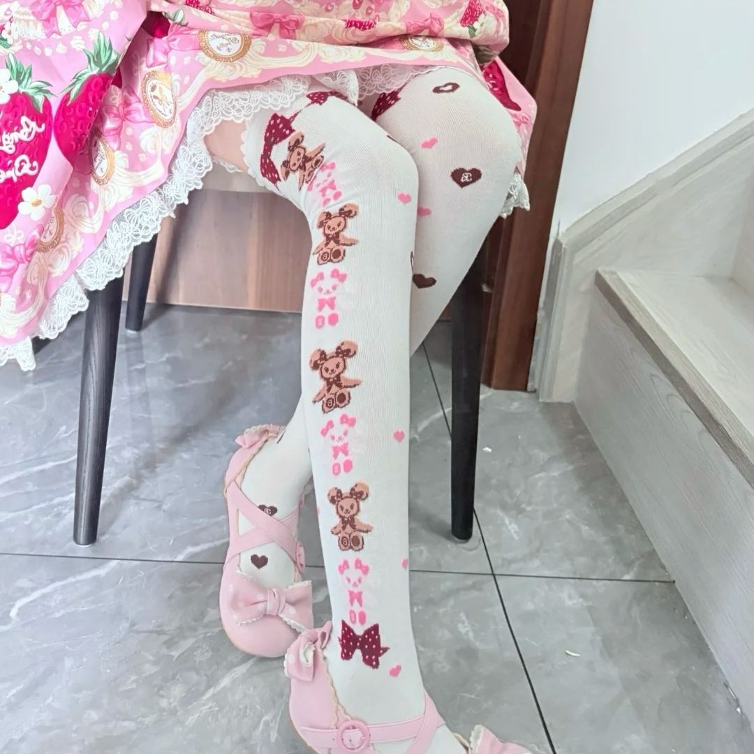 【兔熊格子】Lolita洛丽塔过膝袜女长袜袜子女纯棉长筒袜甜妹