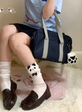 女袜纯棉熊猫夏季薄款白色透气百搭小腿袜堆堆袜防臭日系可爱JK袜