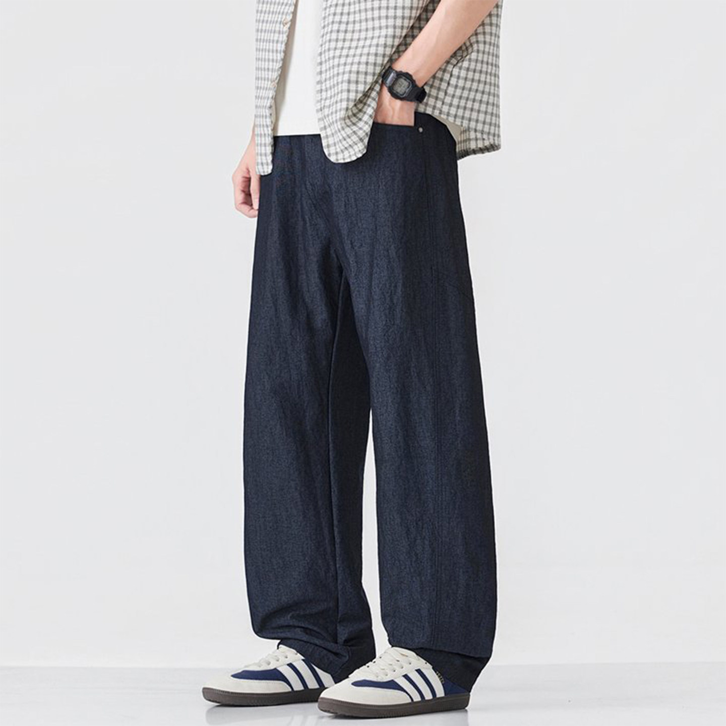 春夏薄款梭织男裤双色面料挺括微皱长裤老钱风直筒宽松休闲裤6043