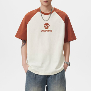 定织纯棉T恤衫舒适亲肤插肩撞色日系宽松休闲短袖圆领t印花Z8130