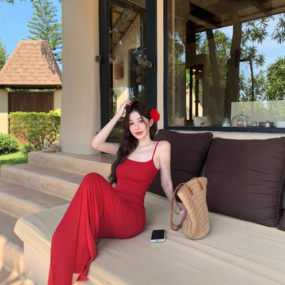 women's sexy dress纯欲辣妹红色高腰性感吊带连衣裙女气质修身