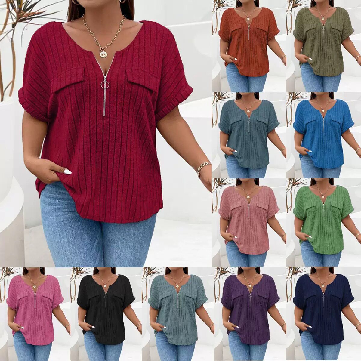 Women's Solid Zipper Pullover T Shirt Female Tee V-Neck Tops