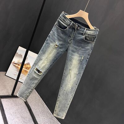 ripped jeans distressed denim pants牛仔裤男士破洞小脚九分裤