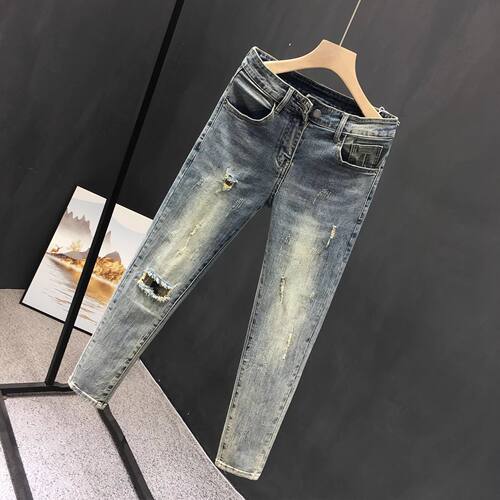 ripped jeans distressed denim pants牛仔裤男士破洞小脚九分裤
