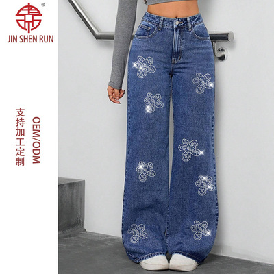 women clothes european african 欧美女装牛仔裤25新款花朵烫钻