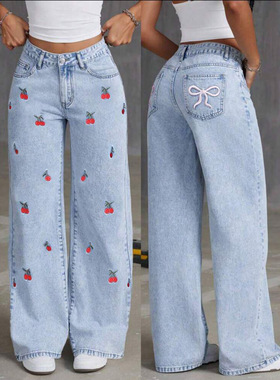 woman denim pants women jeans trousers牛仔裤女阔腿拖地长裤子