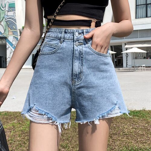 Ripped Jeans Distressed Denim Pants破洞牛仔短裤女高腰显瘦a字