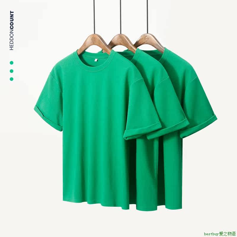 men t-shirt日系潮牌 200克斜纹棉森林绿短袖t恤男 宽松掉肩厚实
