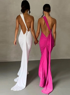 one shoulder backless maxi dress women elegant欧美风女裙2025