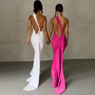 one shoulder backless maxi dress women elegant欧美风女裙2025