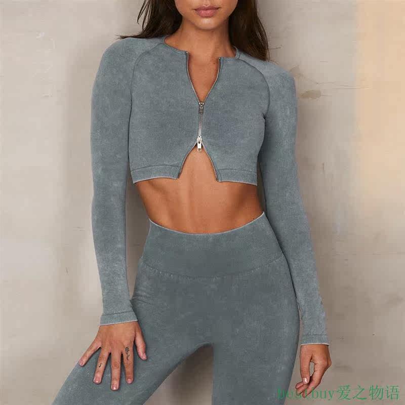 womens yoga set欧美砂洗仿牛仔无缝瑜伽服套装女双拉链长袖运动
