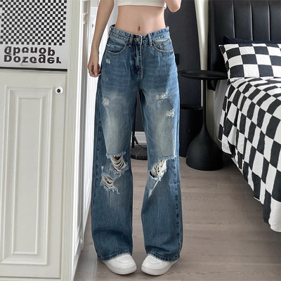 jeans denim distressed patchwork ripped pants美式baggy独特