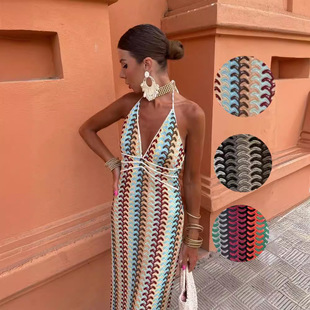 dress sexy ladies撞色蕾丝v领吊带露背沙滩连衣长裙hy1 women