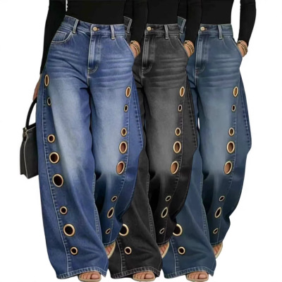 baggy jeans denim pants 2026新款金属异性鸡眼欧美女hallow out
