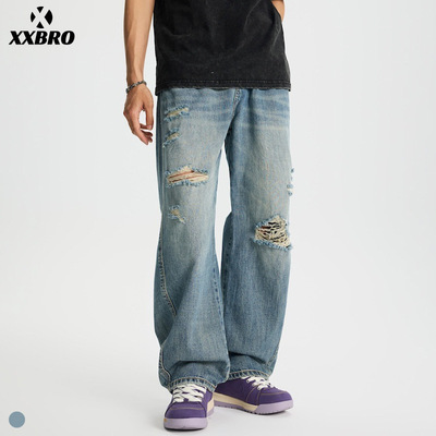 Jeans Denim Distressed Patchwork Ripped Pants沐希服装#美式
