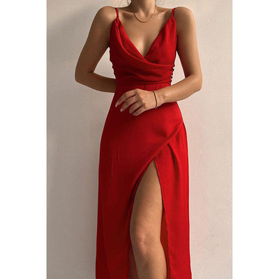 sexy low-cut sling dress欧美新款性感v领吊带 开叉时尚修身