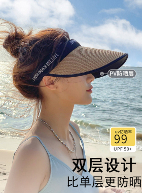 日本Rosex拉菲空顶草帽女防晒防紫外线遮阳海边沙滩黑胶鸭舌帽子