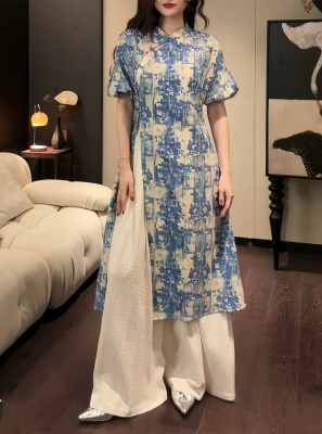 三吉黑花【花禧】棉麻改良时装感旗袍外衫新中式国风改良旗袍上衣