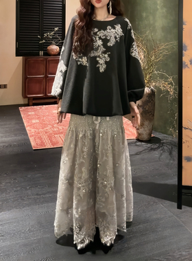 三吉黑花【簪上雪】新中式国风珠绣连衣裙子长袖巨好看秋拼接长裙