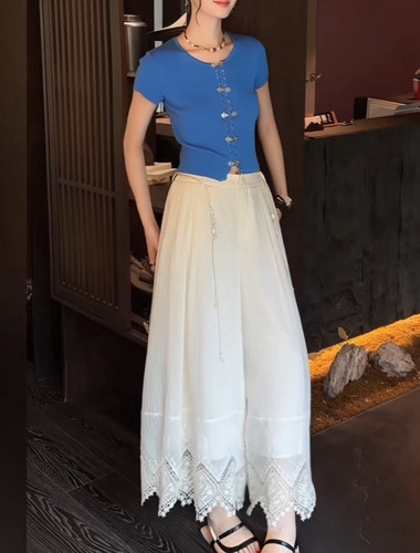 三吉黑花【渡灵】新中式镂空刺绣天丝麻阔腿裤子女夏薄款裙裤超火