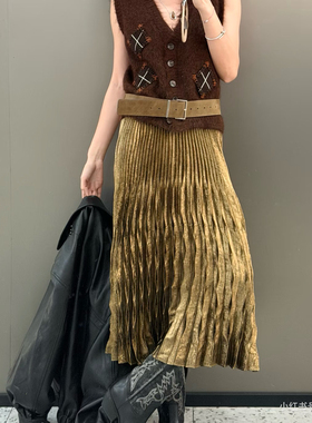 ICE高品质褶皱长款半身裙女25FW秋冬季新款拼接设计感高腰A字裙子