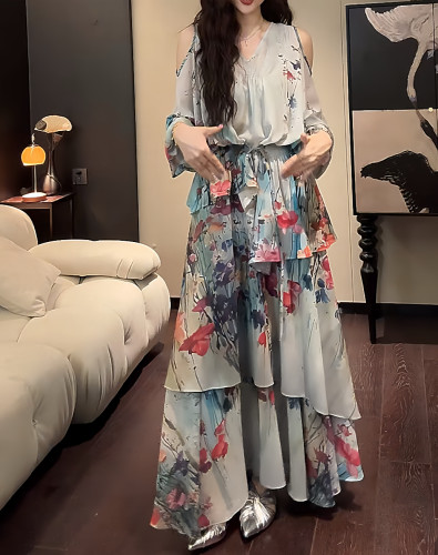 三吉黑花【花信风】新中式连衣裙子2025新款度假印花两件拖尾长裙
