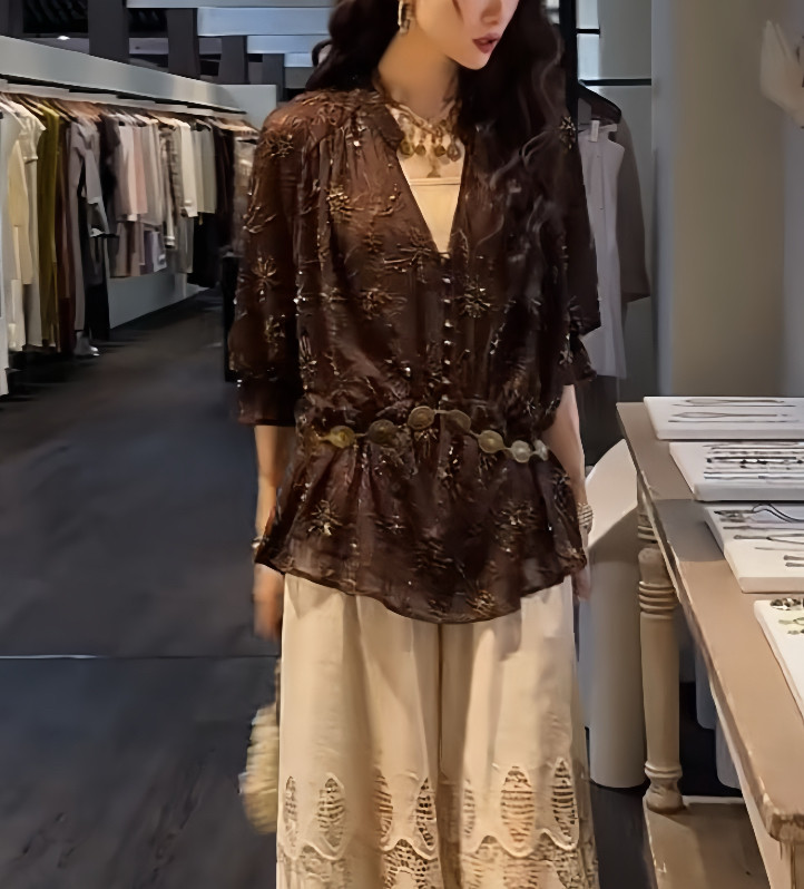 三吉黑花「7/13日20【杳花渡】多重立体花卉珠绣抓皱民族链条上衣