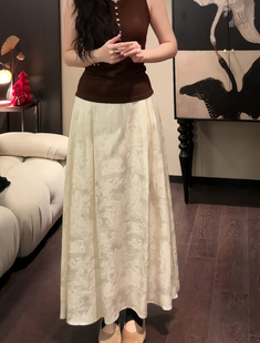 三吉黑花【弦月】新中式国风人丝A字半身裙女高腰长裙2025新款潮