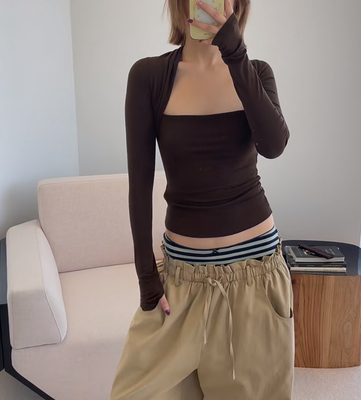 RARELY  假两件袖套针织上衣 黑色/酒红