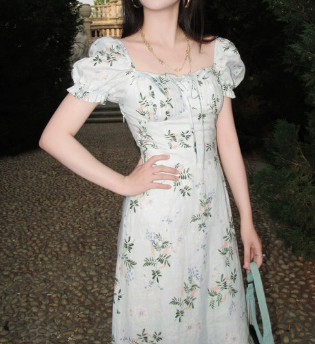 P.tree “尼斯的薄荷海岸” 亚麻浪漫印花法式连衣裙