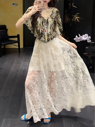 三吉黑花「92折！6/29日」【扶泽】定位珠绣网纱烫金缎面花边半裙