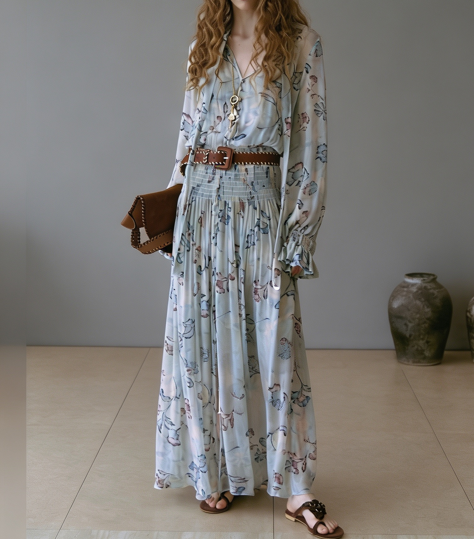 P.tree“雾屿蓝楹”仙气游牧风 Viscose人丝法式印花裙连衣裙