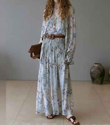 P.tree“雾屿蓝楹”仙气游牧风100%Viscose人丝法式印花裙连衣裙