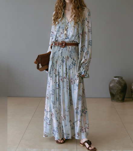 P.tree“雾屿蓝楹”仙气游牧风100%Viscose人丝法式印花裙连衣裙