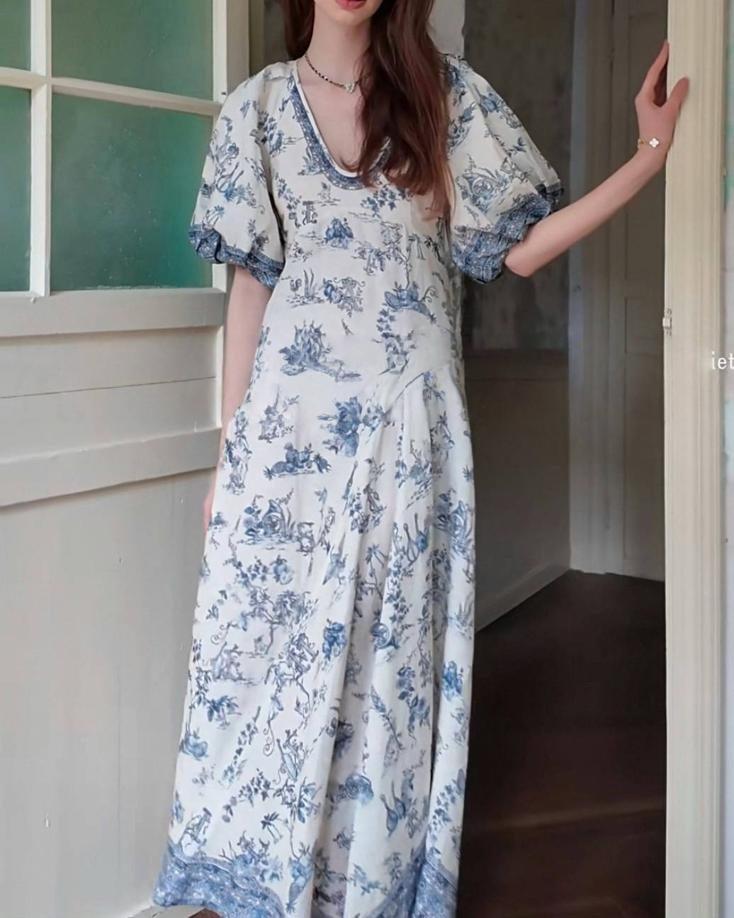 ZHUYI 青花瓷亚麻印花连衣裙女夏季新款高级感原创设计收腰显瘦