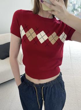 RARELY  菱格纹短袖针织上衣