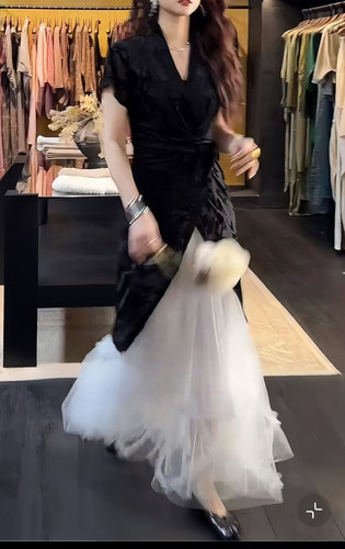 三吉黑花【夕影】新中式烧花假两件连衣裙子女夏流行单品2025新款